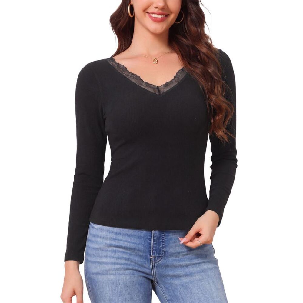 Women's UnderShirt Thermal Built-in Bra Ribbed Long Sleeve Tops Black